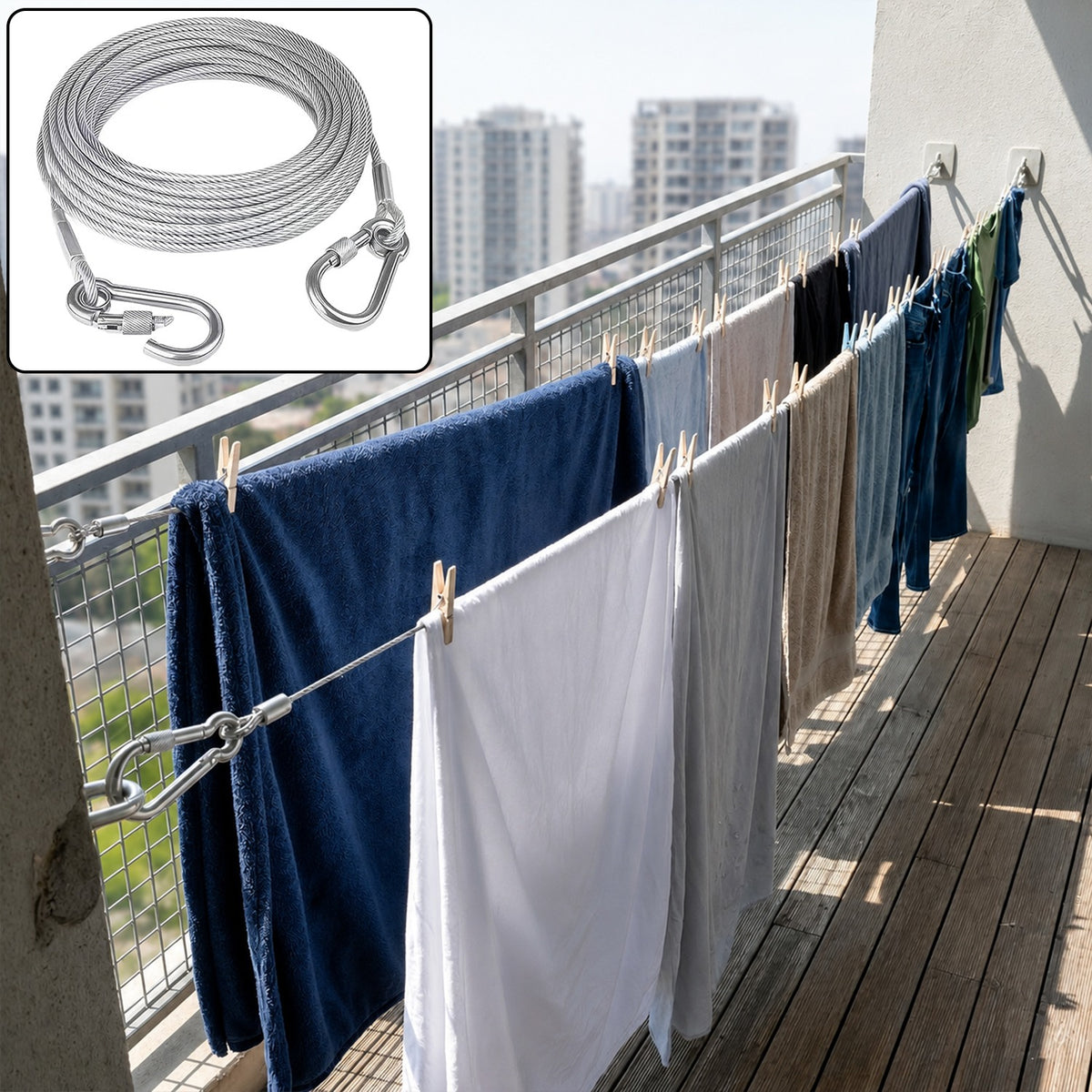 Heavy Duty Steel Wire Rope 5 Meter Clothesline With Carabiner Hooks