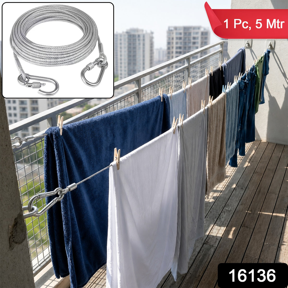 Heavy Duty Steel Wire Rope 5 Meter Clothesline With Carabiner Hooks