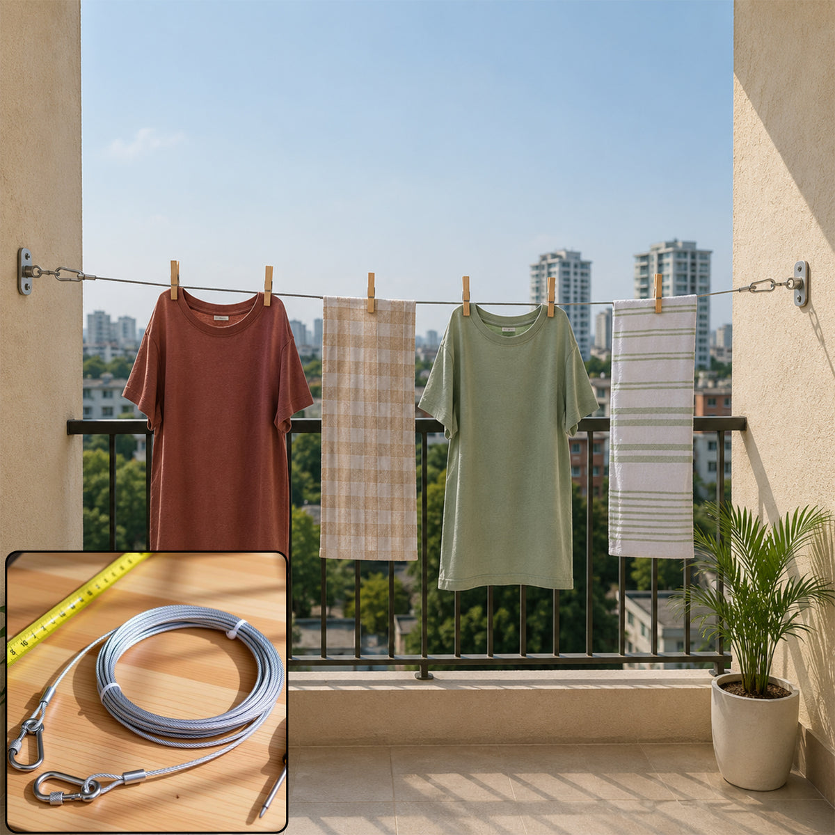 Heavy Duty Ss Wire Clothesline Rope With Locking Hooks For Home Laundry (10 M)